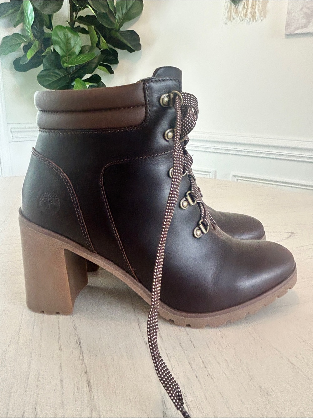 Timberland Dark Brown Leather Lace-Up Block Heel Ankle Boots